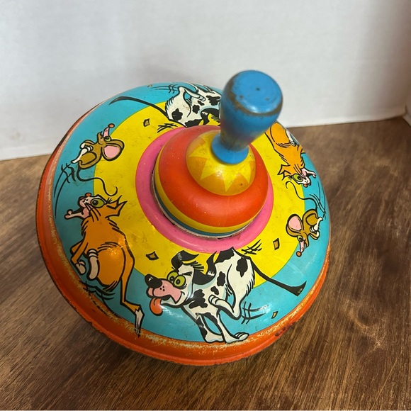Ohio Art Other - OHIO ART Tin Spin Top Cat, Mouse & Dog Chase Vintage Toy WORKS
